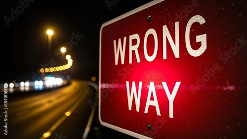 Red wrong way traffic sign illuminated at night on highway  