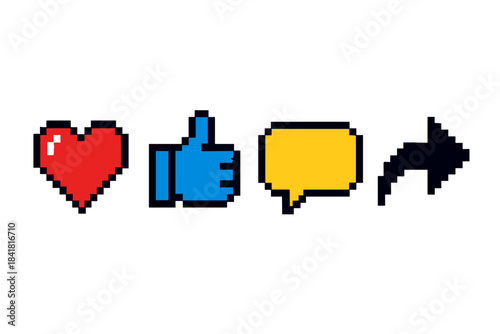 Pixel art social media icons: heart, thumbs up, speech bubble, and share arrow
