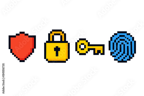 Pixel art security icons: shield, lock, key, fingerprint