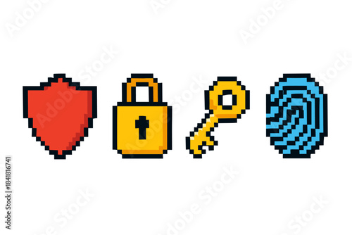 Pixel art security icons: shield, lock, key, fingerprint symbol