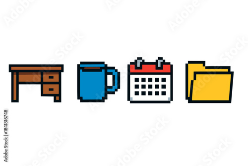 Pixel art desk, blue mug, calendar, yellow folders - office icons set