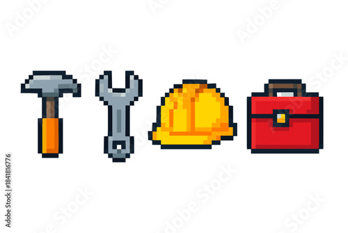 Pixel art tools and safety helmet: hammer, wrench, hard hat, toolbox icon set