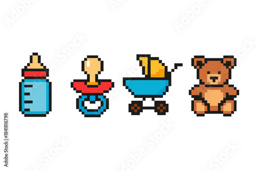 Colorful pixel art baby essentials - bottle, pacifier, stroller, teddy bear