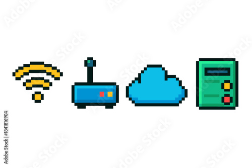 Retro pixel art icons: wi-fi, router, cloud, server in 8-bit style