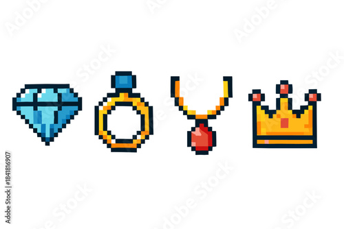 Pixel art jewels: diamond, ring, necklace, crown icons in retro style
