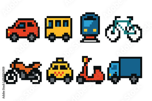 Pixel art vehicles: car, bus, train, bicycle, motorcycle, taxi, scooter, truck