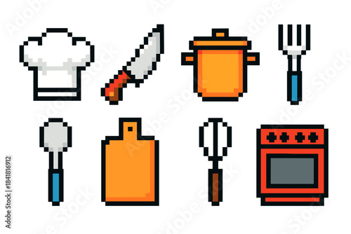 Pixel art culinary tools set: chef hat, knife, pot, and kitchen utensils