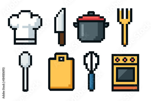 Pixel art kitchen icons: chef hat, knife, pot, utensils, oven