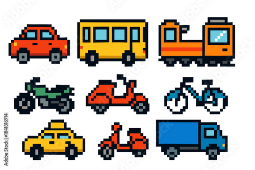 Colorful pixel art vehicles collection: cars, bus, train, motorbikes, bicycle, truck, scooter, taxi