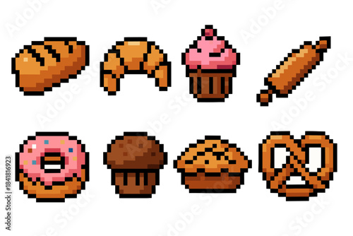 Pixel art bakery icons with bread, croissant, cupcakes, donut, muffin, pie, pretzel, and rolling pin