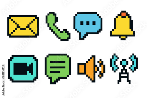 Pixel art communication icons set: mail, phone, chat, notification, video, message, sound, signal