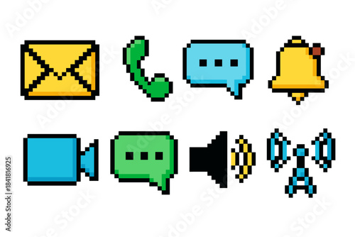 Pixel art communication icons: email, phone, messages, notifications, video, sound, signal