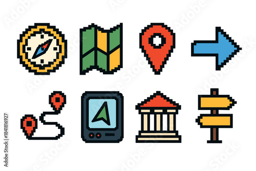 Pixel art navigation icons: compass, map, gps, direction, and location markers