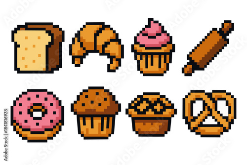 Pixel art bakery icons: bread, croissant, cupcake, rolling pin, donut, muffin, pie, pretzel