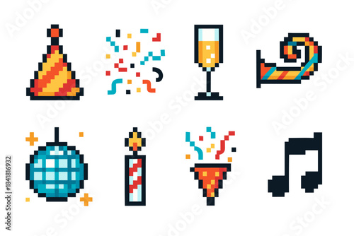 Colorful pixel art party icons: hat, confetti, champagne, horn, disco ball, candle, party popper, music note
