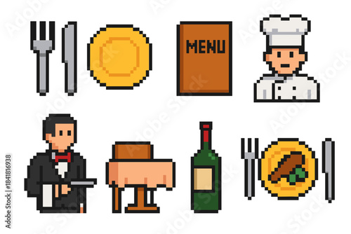 Pixel art chef and waiter with restaurant items and dining setup