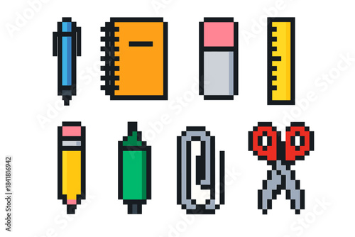 Pixel art school supplies: pen, notebook, eraser, ruler, pencil, marker, clip, scissors