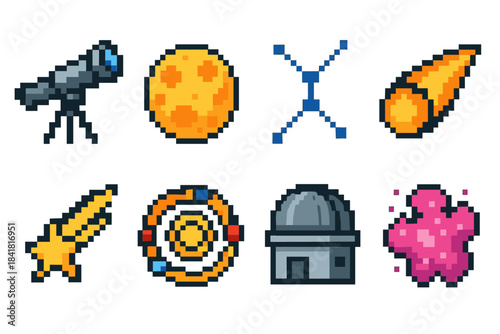 Pixel art space icons: telescope, moon, constellation, comet, shooting star, solar system, observatory, nebula