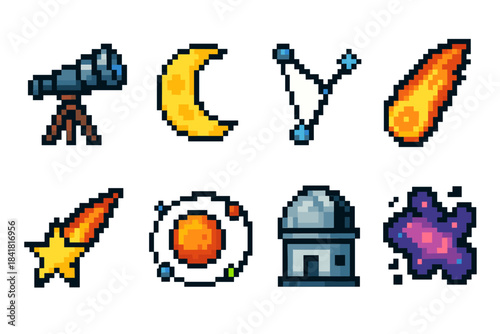Pixel art astronomy set: telescope, moon, constellation, meteor, rocket, planet, observatory, galaxy