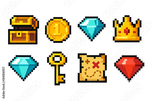 Pixel art treasure icons: chest, coin, diamond, crown, key, map