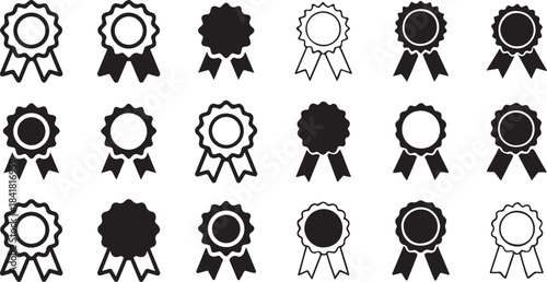 Collection of various black and white award ribbons and badges icons
