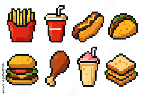 Pixel art fast food icons: burger, fries, hotdog, taco, drumstick, sandwich, milkshake, soda