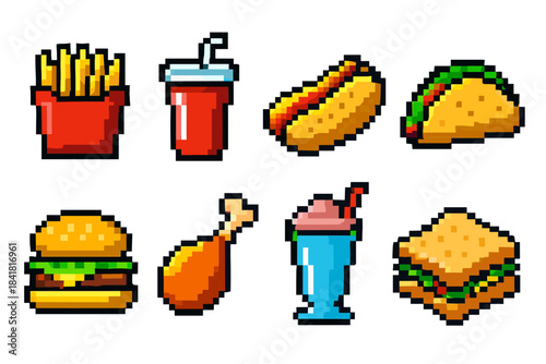 Pixel art fast food icons: fries, soda, hot dog, taco, burger, chicken, milkshake, sandwich