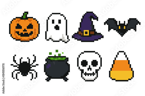 Pixel art halloween icons: pumpkin, ghost, witch hat, bat, spider, cauldron, skull, candy corn