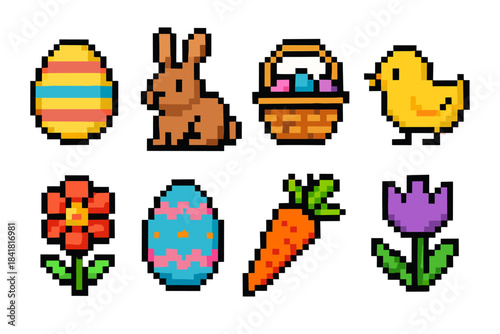 Pixel art easter icons: eggs, bunny, basket, chick, flowers, carrot