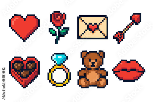 Pixel art love icons: heart, rose, envelope, arrow, chocolates, ring, teddy bear, lips