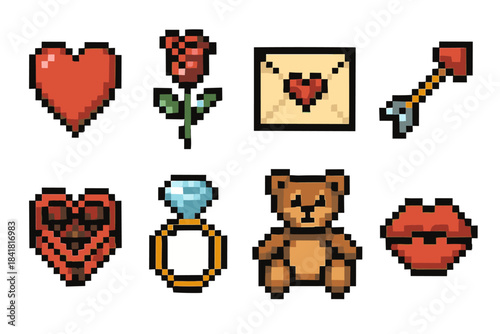 Pixel art love icons: heart, rose, envelope, arrow, chocolate, ring, teddy bear, lips