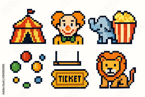 Pixel art circus: tent, clown, elephant, popcorn, juggling, ticket, lion