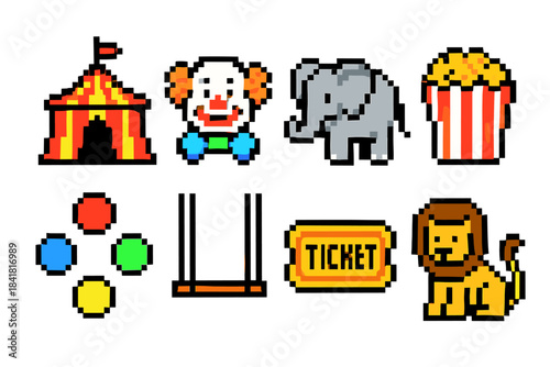 Pixel art circus icons: tent, clown, elephant, popcorn, balls, swing, ticket, lion