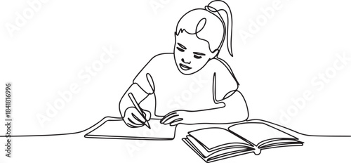 Young girl writing on the paper while studying in front of a not book.one line  vector illustration  with out background