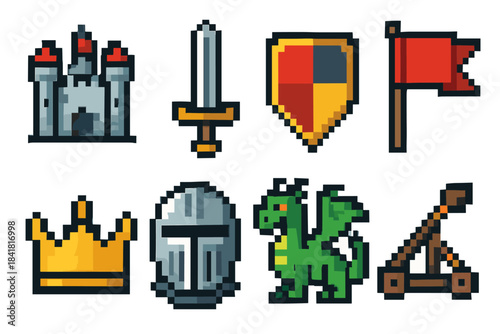 Pixel art medieval icons: castle, sword, shield, flag, crown, helmet, dragon, catapult