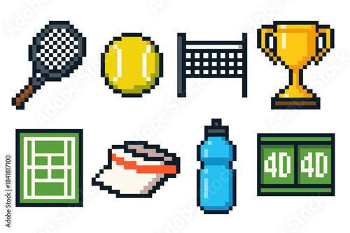 Pixel art tennis icons: racket, ball, trophy, court in retro style