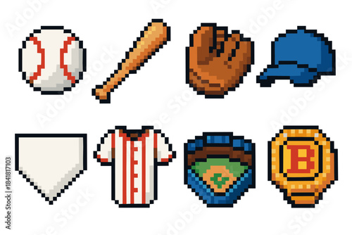 Pixel art baseball icons: bat, ball, glove, cap, jersey, field