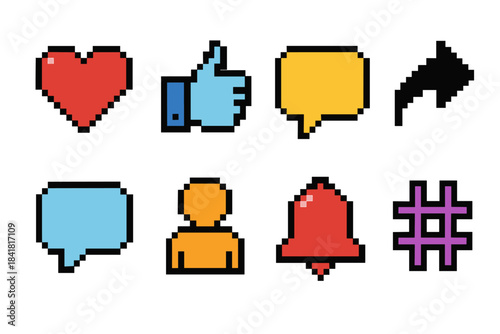 Colorful pixel art symbols: heart, thumbs up, speech bubbles, user, bell, arrow, hashtag