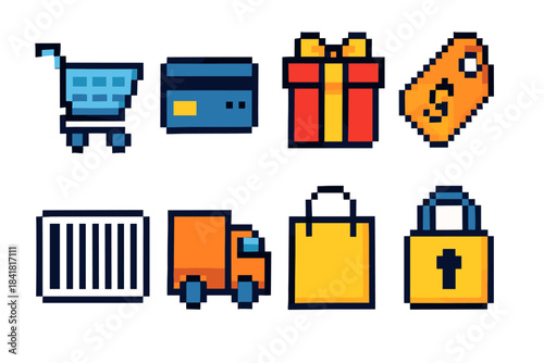 Pixel art shopping icons: cart, card, gift, tag, barcode, truck, bag, lock