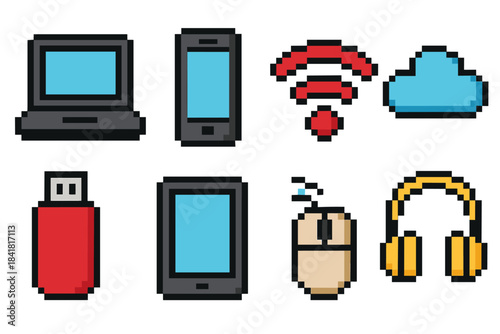 Pixel art technology icons: laptop, smartphone, wifi, cloud, usb, tablet, mouse, headphones