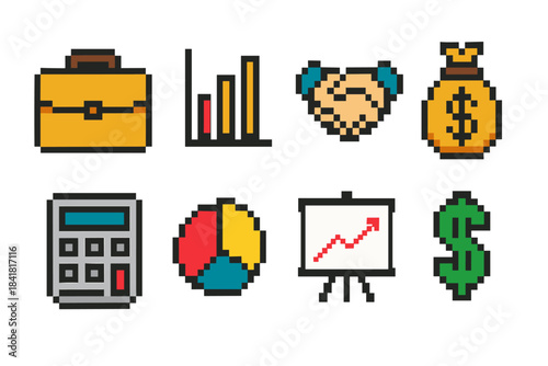 Pixel art business icons: briefcase, graphs, handshake, money bag, calculator, pie chart, presentation, dollar sign
