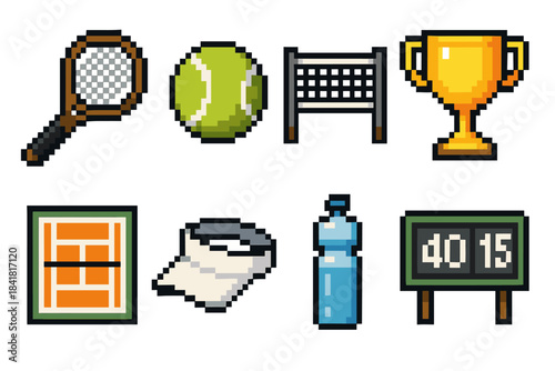 Pixel art icons: tennis equipment and court elements