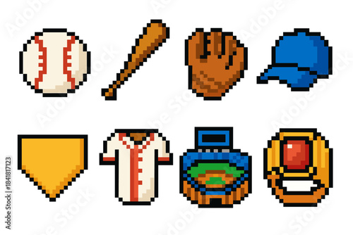 Pixel art baseball icons: ball, bat, glove, cap, plate, jersey, stadium, trophy