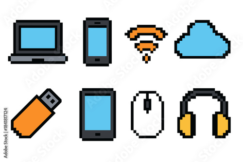 Pixel art technology icons: laptop, smartphone, wifi, cloud, usb, tablet, mouse, headphones