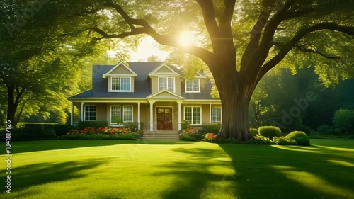 House under large tree with sunlight residential property view