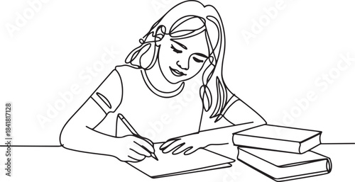 Young girl writing on the paper while studying in front of a not book.one line  vector illustration  with out background