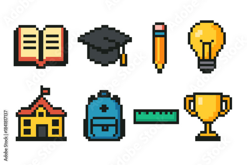 Pixel art school set: book, cap, pencil, bulb, schoolhouse, backpack, ruler, trophy