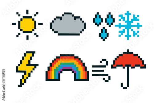 Pixel art weather icons: sun, cloud, rain, snowflake, lightning, rainbow, wind, umbrella