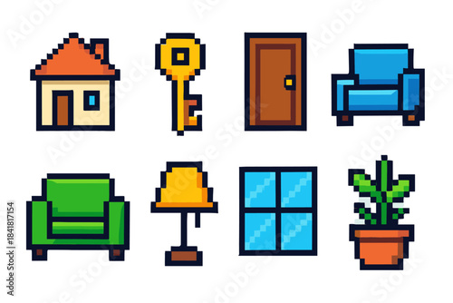 Pixel art home essentials: house, key, door, armchairs, lamp, window, plant