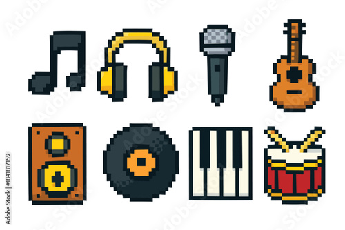 Music icons in retro pixel art style: headphones, microphone, guitar, and more